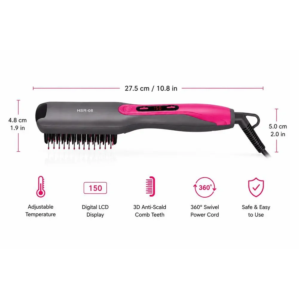 HSR-08 Hair Straightener Brush with LCD Temperature Display- Gray/Pink